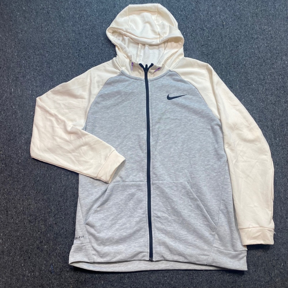 Nike Dri-FIT Full Zip Hoodie Sz L Mens Grey Cream Skater Raglan Training Jacket‎
